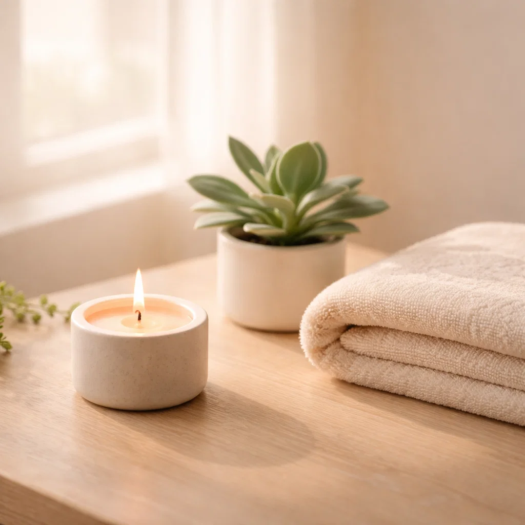 Wellness, svíčka a rostlina